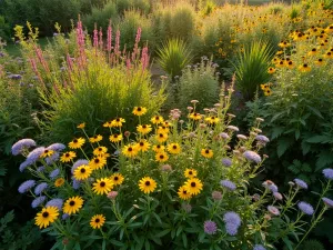 Native Wildflower Meadow - An aerial view of a naturalistic garden filled with native wildflowers including black-eyed susans, joe-pye weed, and goldenrod, creating a tapestry of colors, morning light