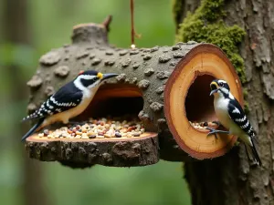 Natural Log Feeder - Hollow log bird feeder mounted horizontally, filled with seeds, woodpeckers and nuthatches feeding, mossy forest garden setting