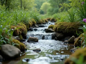 Natural Stream Edge - Close-up of a wildlife pond edge designed to look like a natural stream bank, with cascading levels and native riparian plants