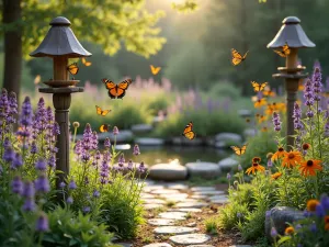 Natural Wildlife Garden Overview - A lush garden landscape with native wildflowers, bird feeders, and a small natural pond, photographed in warm morning light. Various butterflies hover over purple coneflowers and black-eyed susans, while a stone pathway winds through the scene