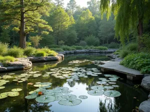 Natural Wildlife Pond with Stone Edge - A serene natural wildlife pond with gently sloping stone edges, surrounded by native marginal plants and water lilies, with a small wooden deck viewing area, photographed in soft morning light