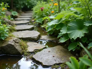 Naturalistic Bog Garden Edge - Close-up detail of a wildlife pond's bog garden edge with lush vegetation, including ferns and moisture-loving plants, with a natural stone pathway