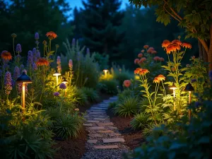 Night Garden Wildlife - Evening scene of a wildlife garden with solar lighting illuminating moth-friendly plants like nicotiana and evening primrose, creating a magical atmosphere