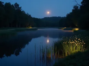 Night-lit Wildlife Pond - Evening scene of a wildlife pond with subtle underwater lighting, illuminated marginal plants, and moonlit reflections on the water surface