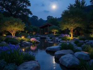 Night Wildlife Garden - Atmospheric evening shot of a garden designed for nocturnal wildlife, featuring moon-reflecting water features and night-blooming flowers