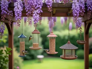 Pergola Bird Dining - Multiple bird feeders hanging from wooden pergola, covered in climbing wisteria, wide angle view of garden dining area for birds