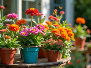 Pollinator Container Garden - A collection of colorful containers on a sunny patio filled with zinnias, verbena, and lantana, attracting various butterflies and bees, intimate perspective