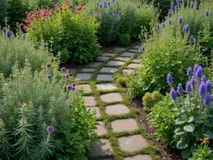 Herb Garden for Pollinators - A formal herb garden with flowering oregano, thyme, and borage, busy with various pollinating insects, viewed from above showing the geometric layout