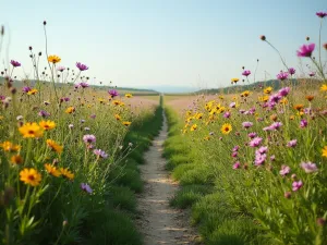 Pollinator Meadow Path - A mown path through a wildflower meadow with flowering verbena, cosmos, and native grasses, creating movement and structure, wide angle view