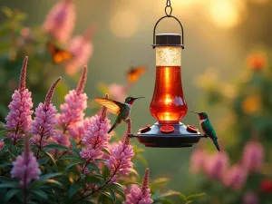 Pollinator Paradise Station - Multi-level feeding station with nectar feeders for hummingbirds and butterflies, surrounded by salvias and butterfly bush, morning sunlight