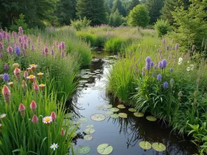 Rain Garden for Pollinators - A naturalistic rain garden with joe-pye weed, swamp milkweed, and iris, showing how water-loving plants can support pollinators, aerial perspective