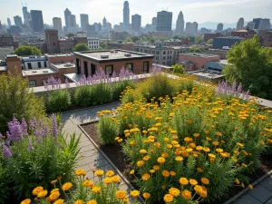 Pollinator Rooftop Garden - An urban rooftop garden filled with drought-tolerant flowering plants like yarrow, Russian sage, and catmint, attracting urban pollinators, aerial view