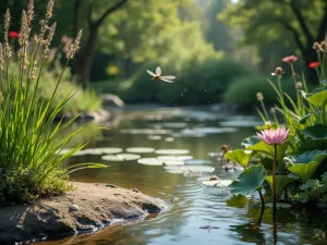 Pond Life Paradise - A natural-style garden pond with native marginal plants, water lilies, and a shallow beach area for wildlife access, dragonflies hovering above