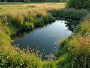 Prairie Style Pond Border - Aerial view of a wildlife pond with prairie-style planting along the edges, featuring tall grasses and late-summer perennials in natural drifts