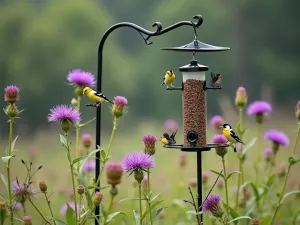 Prairie Style Feeding Station - Tall metal shepherd's hook with multiple feeders, surrounded by native prairie plants, goldfinches feeding among purple blazing star