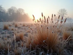 Prairie Wildlife Garden - Wide-angle view of a prairie-style garden with tall grasses, perennials, and seed heads left for winter wildlife, morning frost