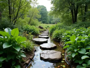 Rain Garden for Wildlife - Wide-angle view of a rain garden depression planted with moisture-loving plants, creating a natural habitat for amphibians and insects, with stepping stones crossing it