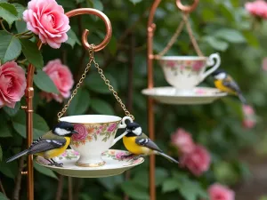 Recycled Tea Cup Feeders - Vintage teacups and saucers repurposed as decorative bird feeders, hanging from copper poles, surrounded by climbing roses, chickadees feeding