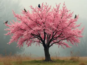 Redbud Spring Display - Native redbud tree in full bloom with pink flowers along branches, birds perching, background showing other native plantings