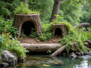 Rustic Log Pond Edge - Close-up of a wildlife pond edge created with natural logs and stumps, featuring climbing plants and small wildlife shelters