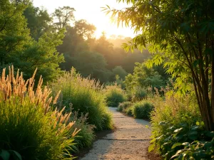 Sensory Wildlife Garden - Garden view featuring plants chosen for wildlife and sensory appeal, with fragrant herbs, tactile grasses, and sound-creating bamboo, captured in golden hour light