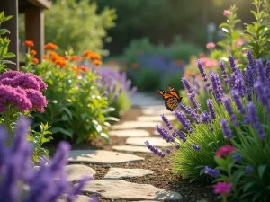 Butterfly Corner Garden - A cozy corner garden with butterfly-attracting flowers like lavender, butterfly bush, and lantana. Natural stone path winding through, with a small solar-powered water feature. Soft afternoon lighting, close-up perspective focusing on a monarch butterfly landing on purple flowers.