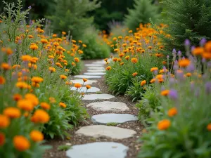 Pollinator Paradise - Close-up view of a dense planting scheme focused on pollinator-friendly flowers in warm colors. Natural stone path weaving through, creating a meadow-like effect in a small space.