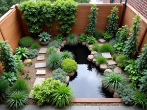 Small Space Wildlife Garden - Aerial view of a compact urban garden maximizing wildlife features with vertical elements, container plantings, and mini pond