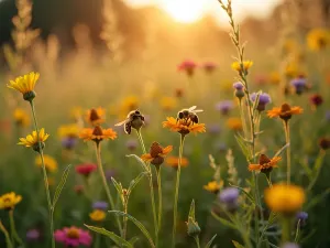 Mini Meadow Garden - Close-up shot of a small wildflower meadow area with native grasses and flowers. Golden evening light highlighting bees and butterflies among the blooms. Natural, unstructured style.