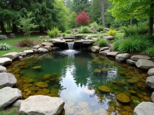 Small Pond Ecosystem - Wide-angle shot of a compact wildlife pond with marginal plants, small waterfall, and flat stones for amphibian access. Natural appearance with complementary bog garden section.