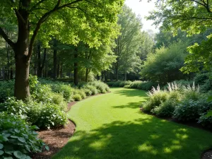 Woodland Edge Garden - Normal view of a small garden designed to mimic woodland edge habitat, with layers of planting from ground cover to small trees. Dappled shade effect.