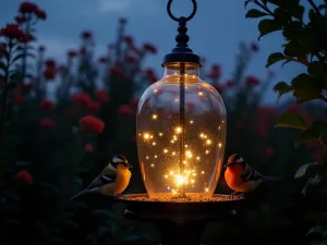 Solar-Lit Evening Feeder - Glass bird feeder with integrated solar lights glowing at dusk, creating magical atmosphere, evening birds feeding, silhouettes of butterfly bush behind