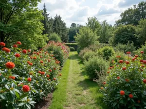 Songbird Berry Garden - Wide shot of a mixed border filled with berry-producing shrubs and small trees, designed to attract songbirds throughout the seasons