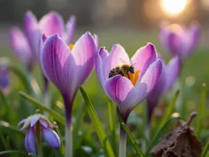 Spring Bee Garden - An early spring garden with flowering crocus, hellebores, and pussy willows, showing bees collecting early season pollen, close-up detail