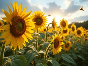 Sunflower Pollinator Haven - A dramatic wide-angle view of multi-height sunflowers with goldfinches feeding on seeds and bees collecting pollen, late summer scene