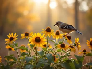 Sustainable Seed Garden - Natural bird feeding area with native seed-bearing plants left standing, coneflowers and sunflower heads providing natural food, birds feeding in autumn light