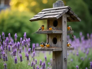 Traditional Bird Feeder Station - Rustic wooden bird feeding station in a cottage garden, multiple feeders hanging at different heights, surrounded by lavender and purple coneflowers, birds feeding in morning light