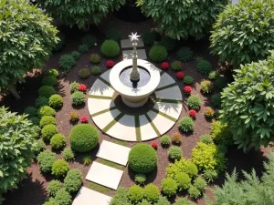 Urban Bird Sanctuary - Aerial view of a small urban garden designed with multiple bird feeding stations, berry-producing shrubs, and varying heights of perches. Modern bird bath centerpiece.