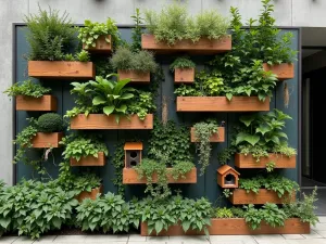 Bird-Friendly Vertical Garden - Aerial view of a compact vertical garden wall with built-in bird feeders and nesting boxes. Mixed climbing plants and small shrubs in wall-mounted planters. Modern design with natural elements.