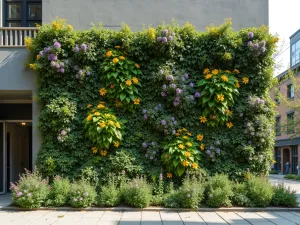 Vertical Pollinator Wall - A living wall system planted with native flowering vines and perennials, creating a vertical pollinator habitat on a urban building wall, full height view