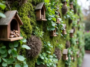 Vertical Wildlife Garden - Close-up of a living wall designed for wildlife, incorporating native climbing plants, small nesting boxes, and pockets of wildlife-friendly plants