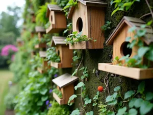 Vertical Wildlife Wall - Close-up of a living wall incorporating bird boxes, insect hotels, and climbing plants, creating a wildlife-friendly vertical garden