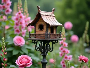 Victorian Style Feeding House - Ornate Victorian-style bird feeding house with copper roof, mounted on decorative post, surrounded by heritage roses and foxgloves