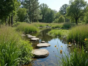 Wetland Edge Garden - Wide angle view of a wildlife pond featuring extensive marginal planting zones with native wetland species and stepping stones