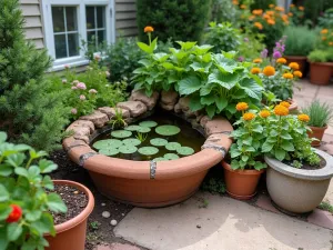 Container Wildlife Garden - Wide-angle shot of a collection of wildlife-friendly containers arranged on a small patio, including mini pond, herb garden, and flowering pots. Coordinated color scheme.