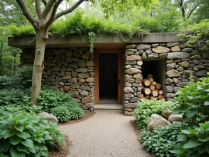 Wildlife Corner Retreat - Normal view of a secluded garden corner with log pile, stone pile, and dense planting. Natural materials and hidden wildlife shelters integrated into the design.