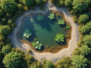 Wildlife Pond Ecosystem - Aerial view of a naturally shaped wildlife pond with water lilies, marginal plants, and a shallow beach area, surrounded by wetland plants and small rocks