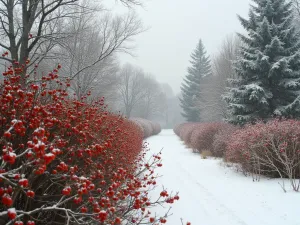 Wildlife Shrub Border - Wide view of a layered native shrub border featuring viburnum, winterberry, and serviceberry, birds feeding on berries, winter scene