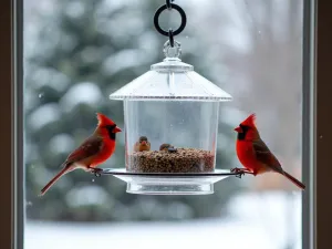 Window Bird Cafe - Clear acrylic window-mounted bird feeder with Cardinals and finches feeding, view from inside home, snow-covered evergreens visible in background