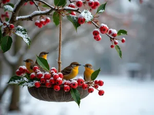 Winter Berry Feeder - Natural winter garden scene with red winterberry holly branches arranged in hanging feeder, birds feeding on berries, snowy landscape